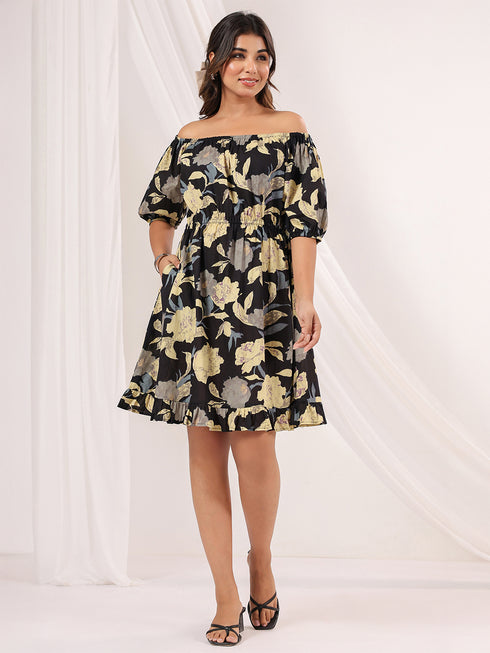 Janasya Women's Black Pure Cotton Floral Printed A-line Dress